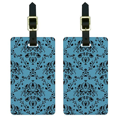 Graphics And More Damask Elegant Blue Black Luggage Tags Suitcase Carry-On Id Set Of 2