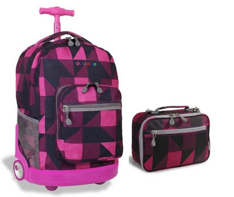 J World Block Pink Sunrise Roller Backpack Back Pack and Cody Lunch Bag Bundle Set