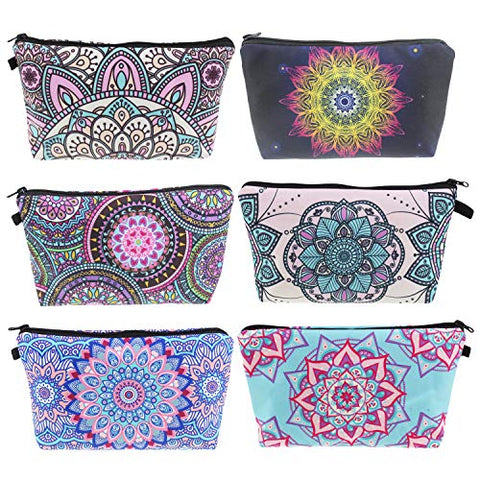 LJY 6 Pieces Makeup Toiletry Pouch Travel Cosmetic Bag with Zipper, Mandala Flowers Patterns, 6 Styles