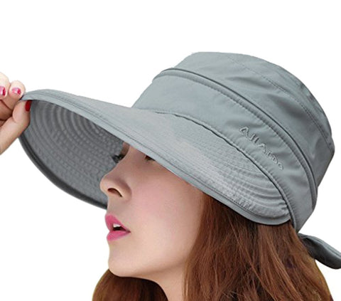 Womens 2in1 Wide Brim Summer Folding Anti-UV Golf Tennis Sun Visor Cap Beach Hat, Grey, OS