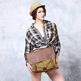 AUGUR Men's Vintage Genuine Leather Laptop Messenger Bags Canvas Satchel Shoulder Bag (Khaki)