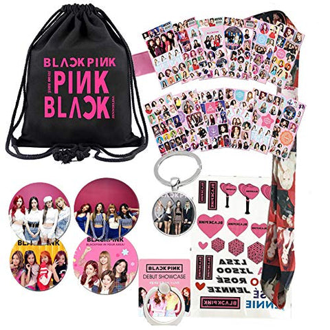 Blackpink Gifts Set For Blink - 1 Blackpink Darwstring Bag Backpack, 12 Blackpink Stickers, 1 Blackpink Lanyard, 4 Button Pins, 1 Phone Finger Ring Stand, 1 Keychain, 1 Tattoo Sticker
