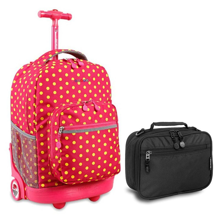 J World Pink Buttons Sunrise Roller Backpack Back Pack and Black Cody Lunch Bag Bundle Set