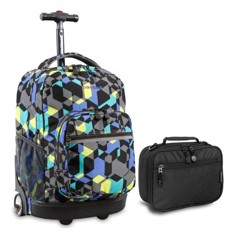 J World Cubes Sunrise Roller Backpack Back Pack and Black Cody Lunch Bag Bundle Set