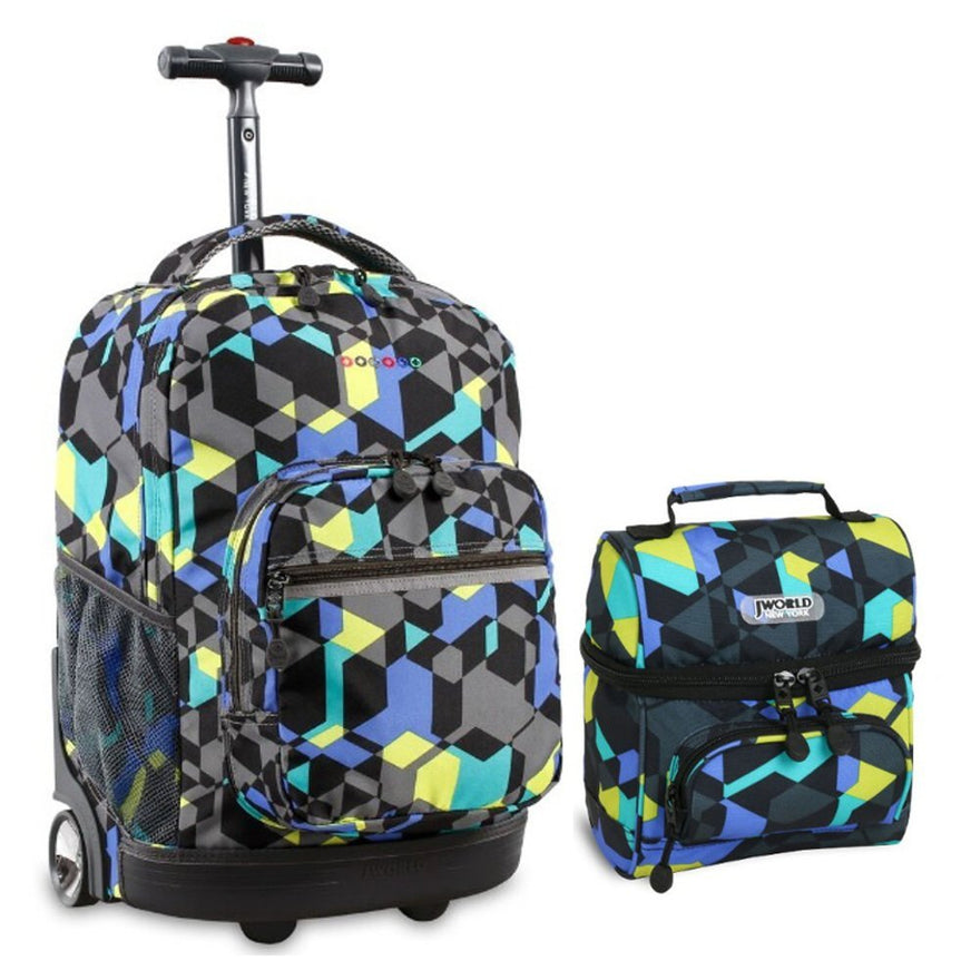 J World Cubes Sunrise Roller Backpack Back Pack and Corey Lunch Bag Bundle Set