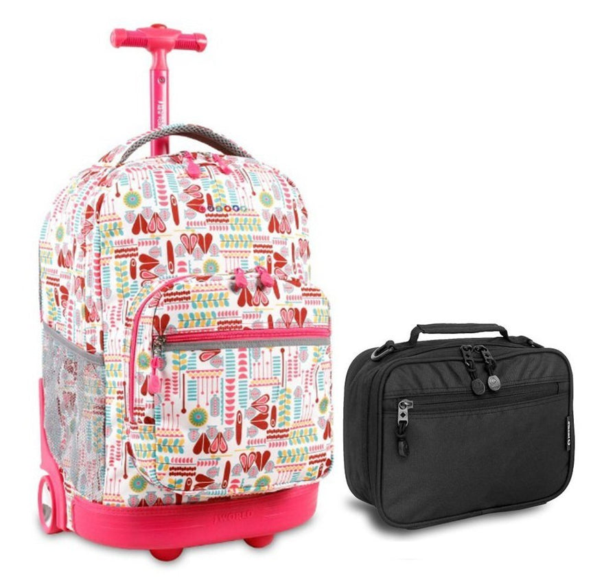 J World Heart Factory Sunrise Roller Backpack Back Pack and Black Cody Lunch Bag Bundle Set