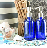 Cornucopia 8oz Cobalt Blue Glass Bottles w/Stainless Steel Pumps (2 pack), Boston Round Bottles for Essential Oils, Lotions and Liquid Soap
