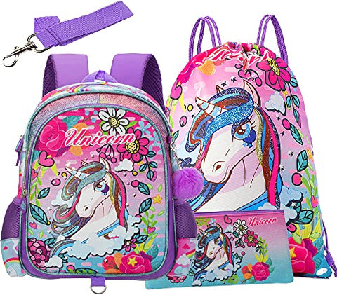 Unicorn 13inch 5 in 1 Backpack for Girls Preschool Backpacks for Toddler Girls Small Kindergarten Bookbag for Little Girls Kids 3-5 with Drawstring Bag Birthday Gift