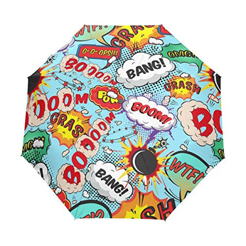 GIOVANIOR Comic Speech Bubbles Bang! Boom! Umbrella Double Sided Canopy Auto Open Close Foldable