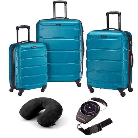 Samsonite 68311-2479 Omni Hardside Luggage Nested Spinner Set (20 Inch, 24 Inch, 28 Inch) - Caribbean Blue Bundle with Microbead Neck Pillow with Travel Pouch and Manual Luggage Scale