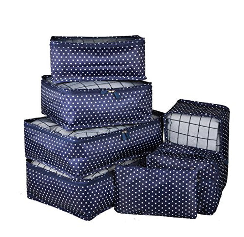 Vercord 7 Set Travel Packing Organizers Cubes Mesh Luggage Cloth Bag Cubes With Bra/Underwear Cube and Shoe Pouch, Dark Blue Dots
