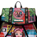 Studded Printed Glossy Backpack with Back Zipper Pocket and Adjustable Strap