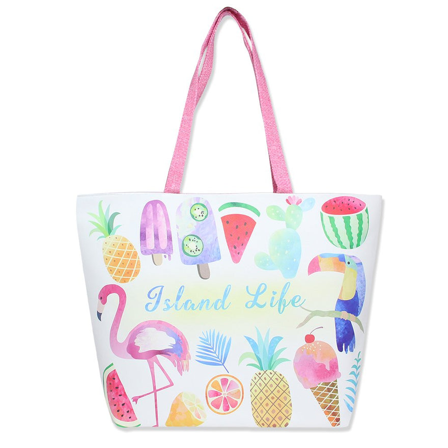 Colorful Summer Printed 18 inch Zipper Top Beach Tote Bag (Island Life Print)