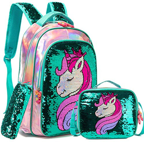 Girls Backpack Set for School with Lunch Bag Magic Unicorn Reversible Sequin Bookbag for Elementary Preschool Backpacks