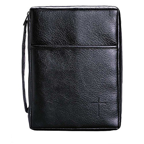 Soft Black Embossed Cross with Front Pocket Large Leather Look Bible Cover with Handle