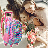 4PCS Rolling Backpack for Girls, Wheeled Kids Unicorn Bookbag