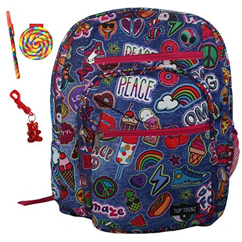 Emoji Denim Patch Large Backpack, Notepad/Pen & Keychain Multi-Pack, Book Bag
