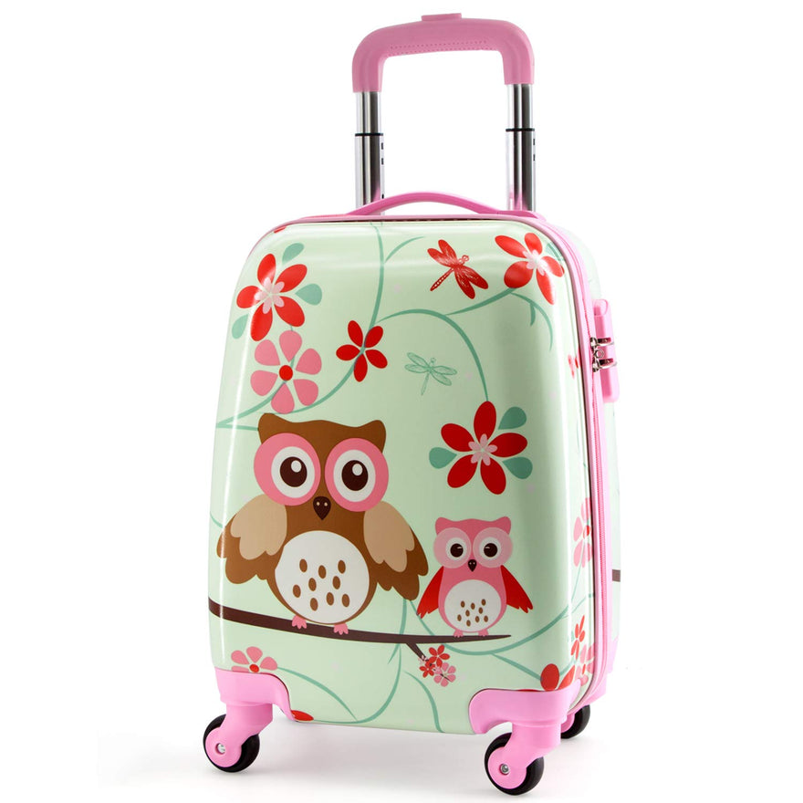 Lttxin cute kids suitcase pull along girls travelling with 4 wheel hard shell 18 inch for girl owl