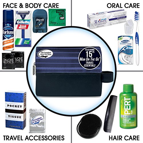 Convenience Kits International Men's Super Premium 30 PC Travel Kit Featuring: Travel-Size Hair Care Products Plus Face, Body, Oral Care, Travel Essentials in Large Leather Toiletry Bag