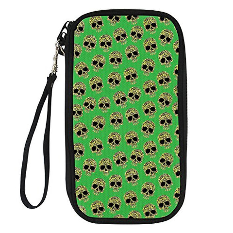 Bigcardesigns Passport Purse Skull Print Green Travel Wallet Document Organizer Holders Pouch