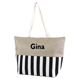 Large Zipper Top Stripe Print Canvas Beach Bag Tote - 22"x14"x7" (Personalized Black)