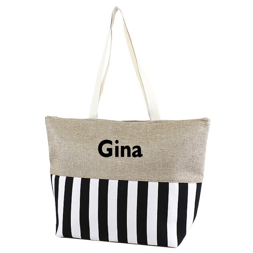 Large Zipper Top Stripe Print Canvas Beach Bag Tote - 22"x14"x7" (Personalized Black)