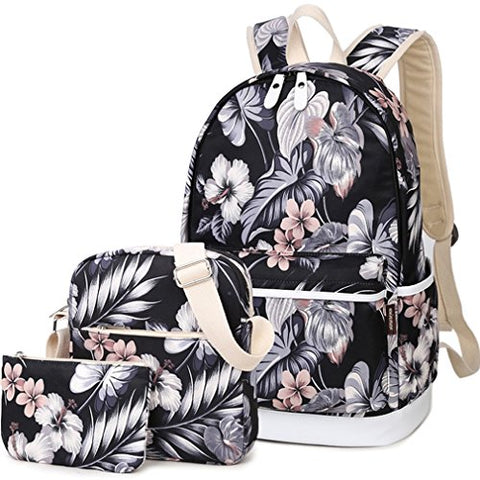Hey Yoo Fashion High Capacity Canvas Backpack Set Cute Laptop School Bag for Teen Girls, Black