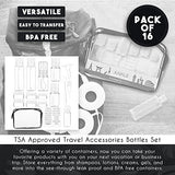 16 Pack Plastic Airline TSA Approved Travel Accessories Bottles Set - Holds Toiletries, Lotions, Liquids, Shampoos - Includes Spray Bottle, Pump Bottles, Squeeze Bottles, Jars,& Travel Bag