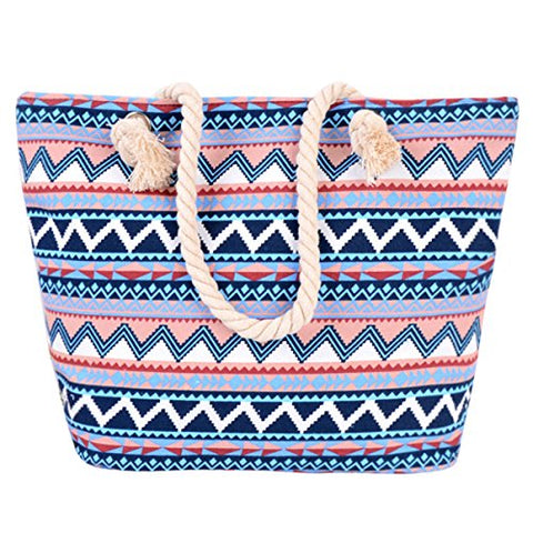 ABage Women's Canvas Tote Aztec Tribal Printed Shopping Travel Beach Shoulder Bag, Blue