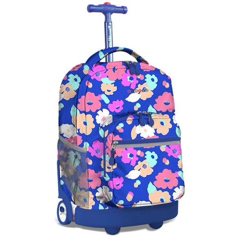 J World New York Sunrise 18-inch Rolling Backpack - Petals Purple Designer Print Polyester Checkpoint-Friendly Adjustable Strap Lined Water Resistant
