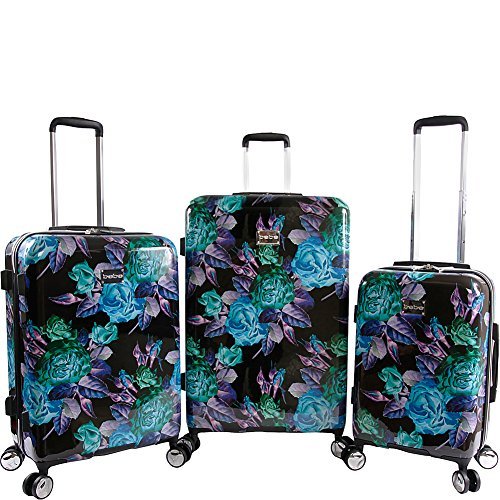 BeBe Women's Rosette 3 Piece Set Suitcase with Spinner Wheels, Black/Purple