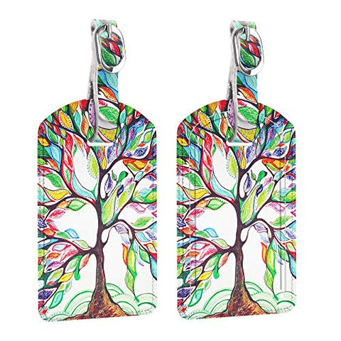 [2 Pack] Luggage Tags, Fintie Synthetic Leather Name ID Labels with Back Privacy Cover for Travel Bag Suitcase, Love Tree