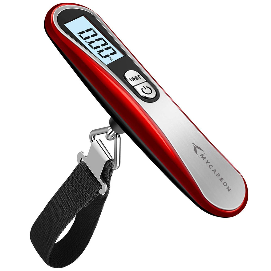 MYCARBON Digital Luggage Scale, Luggage Scale Travel Digital, 110 lbs Hanging Luggage Scale with Hook, Portable Suitcase Luggage Weight Scale with Backlit LCD Display Convertible Weight Units Red