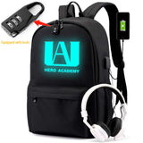 My Hero Luminous Backpack Academia Cosplay with USB Charging Port Bookbag Daypack (Password lock)
