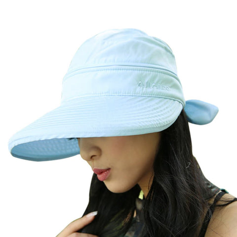 Womens 2in1 Wide Brim Summer Folding Anti-UV Golf Tennis Sun Visor Cap Beach Hat,Blue,One Size