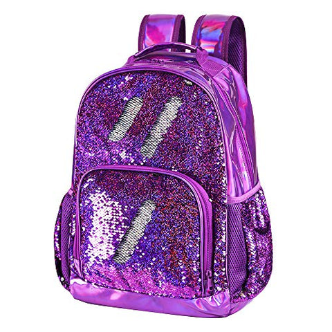 Sequin School Backpack for Girls Kids Cute Elementary Book Bag Teen Glitter Flip Sparkly Holographic Purple Back Pack