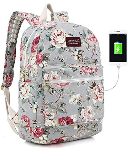 Canvaslove Rose Blue Canvas Waterproof Laptop Backpack With Massage Cushion Straps And Usb Charging