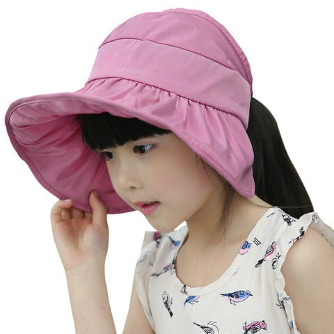 Girls Boys Floppy Packable Sun Hat Baby Kids Adjustable Big Brim Anti-UV Sun Protection Bucket Hat (Purple Pink)