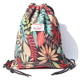 Alpaca Go Drawstring Bag Water Resistant Floral Leaf Lightweight Gym Sackpack for Hiking Yoga Gym Swimming Travel Beach (B - Black)