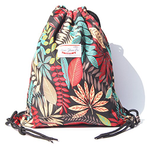 Alpaca Go Drawstring Bag Water Resistant Floral Leaf Lightweight Gym Sackpack for Hiking Yoga Gym Swimming Travel Beach (B - Black)