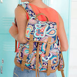 Fashion Print Faux Leather Buckles Drawstring Campus Backpack (Paisley - Blank)