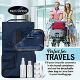 TRAVANDO Hanging Toiletry Bag"FLEXI" + 7 TSA Approved Liquid Bottles - Travel Set for Men and Women - Toilet Kit for Cosmetics, Makeup - Organiser for Suitcase - Wash Bag with Containers