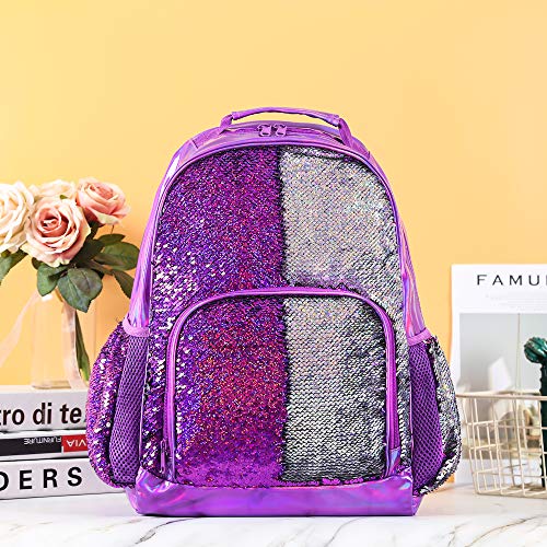 Purple Bling Glitter Backpack Fashion Sparkling Kids School Bag LED Light  Strip Student Laptop Backpacks College Casual Bookbag For Boys Girls Teen