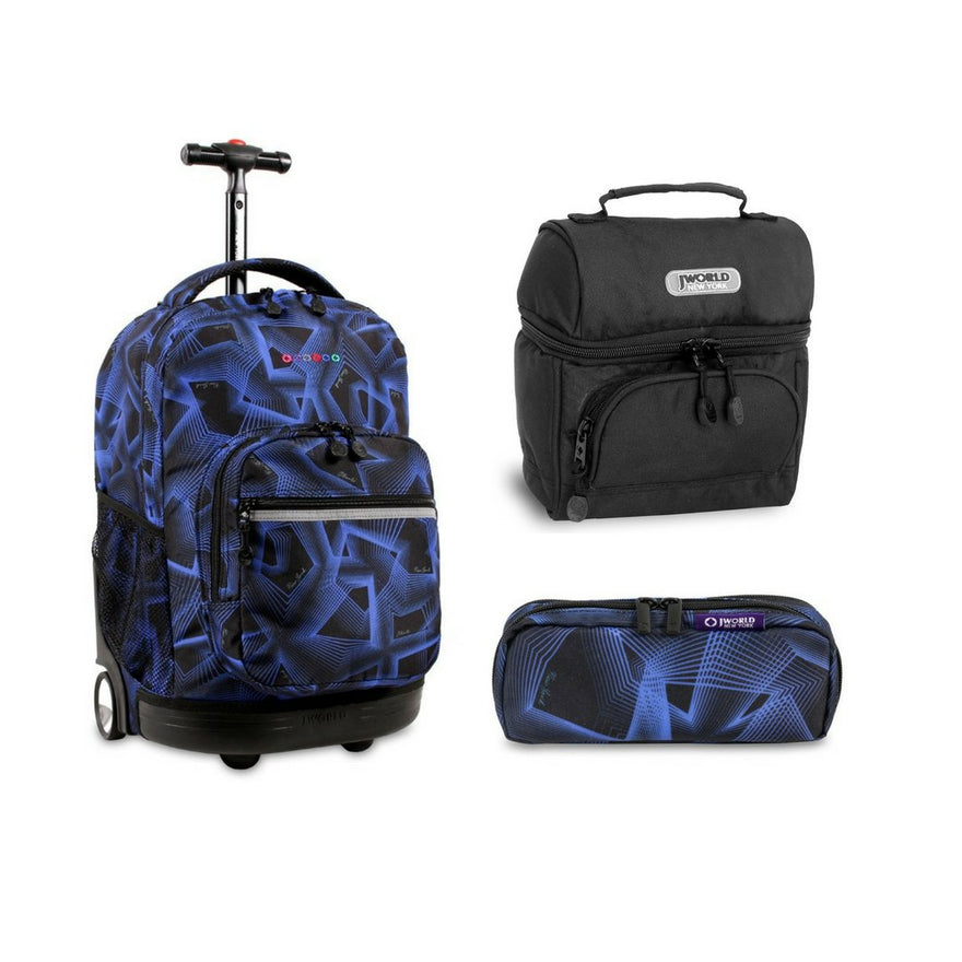 J World New York Sunrise Rolling Backpack Back To School Set w/Pencil Case & Lunch Bag (Disco)