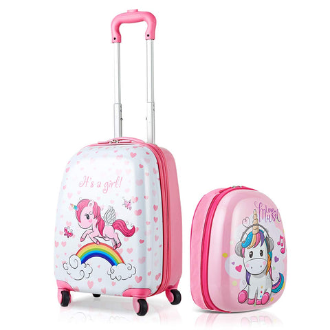 HONEY JOY 2Pc Kids Luggage Set, 12'' Backpack & 16'' Rolling Suitcase, Hard Shell Trolley Suitcase with Spinner Wheels, Carry On Luggage Set for Boys and Girls Travel (Unicorn)