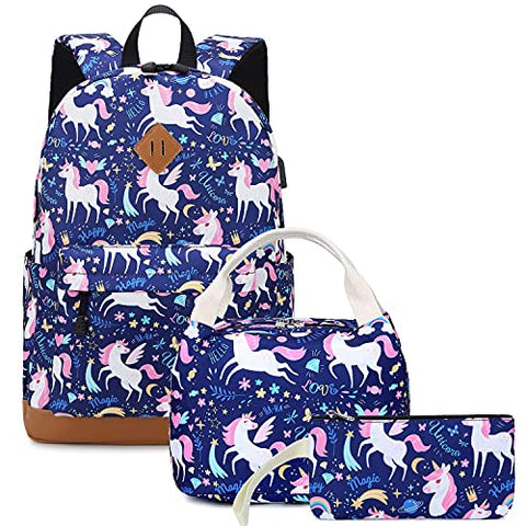 Backpacks for Girls Cute Unicorn School Bags Lightweight for 7+ years old Kids School Bags Backpack with Lunch Box and Pencil Case (Blue-Unicorn)