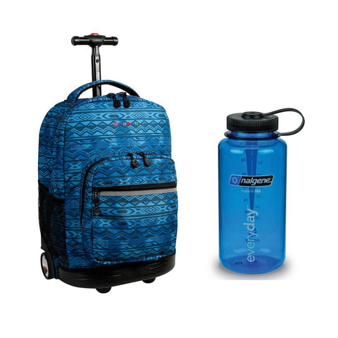 J World Combo Sunrise Rolling Backpack and Nalgene Wide Mouth Water Bottle Back to School Set (Water Mark w/Blue)