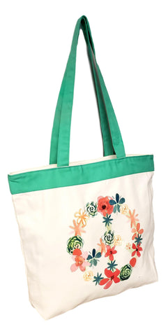 Floral Peace Sign Eco Friendly Beach or Carry All Shopping Zipper Top Tote Bag
