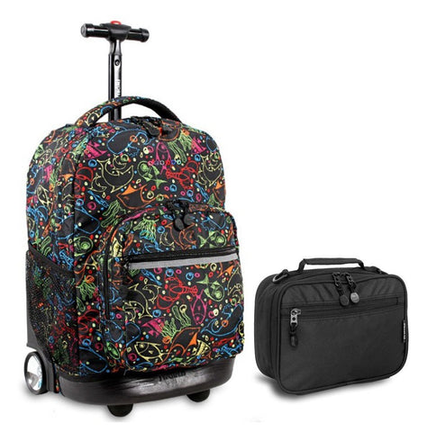 J World Doodles Sunrise Roller Backpack Back Pack and Black Cody Lunch Bag Bundle Set