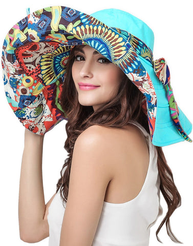 FakeFace Women's Anti-UV Sun Protective Wide Brim Reversible Sun Hat Floppy Fold Beach Hat Cap UPF 50 Blue One Size
